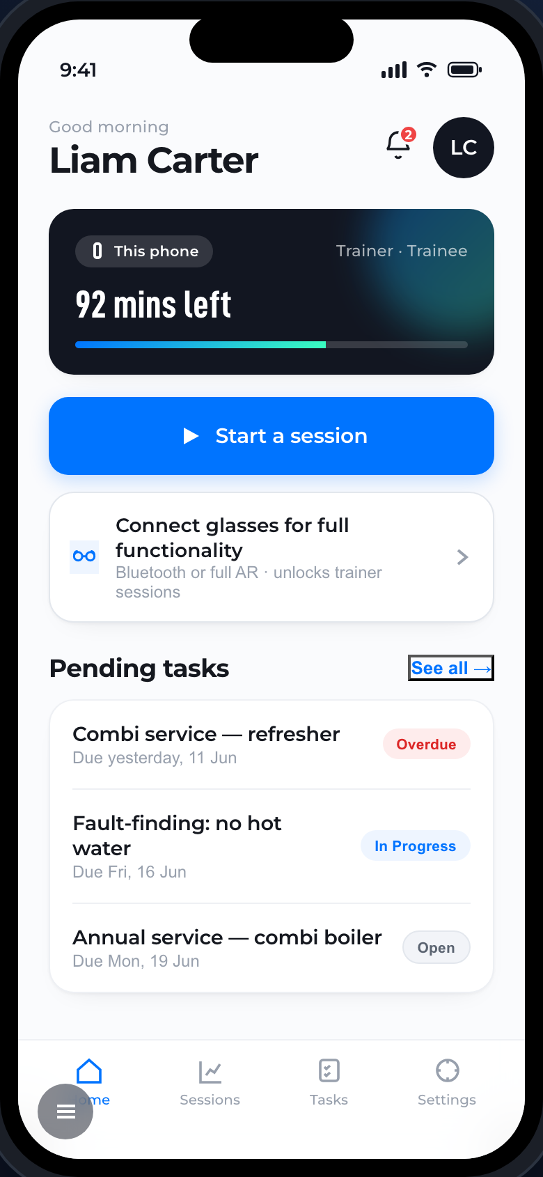 The TrainAR app home screen