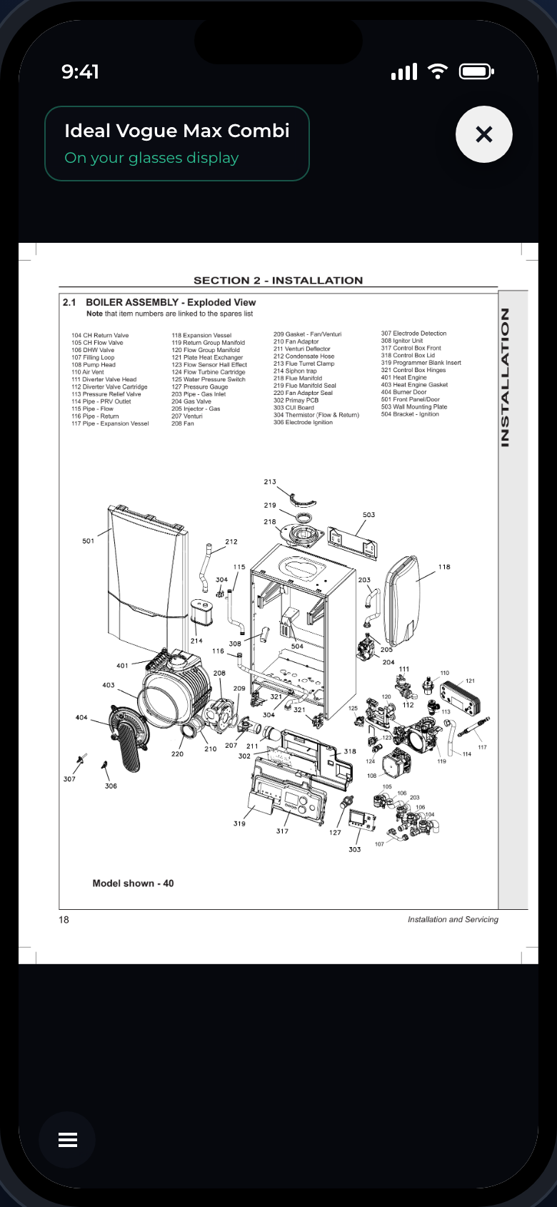 Exploded diagram on the glasses display