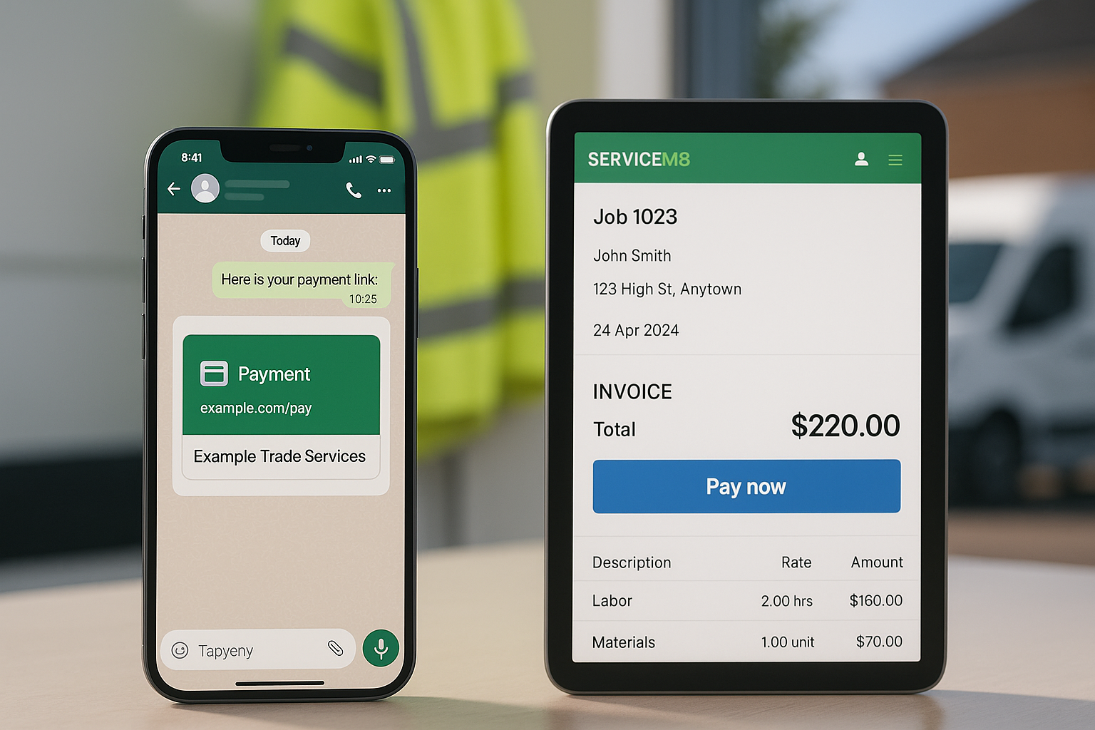 Send a ServiceM8 invoice on WhatsApp with a Pay now link (fast UK setup)