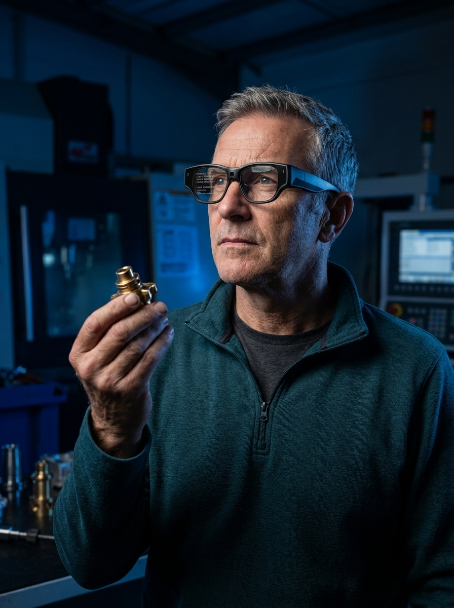 Senior British engineer wearing TrainAR INMO Air 3 AR glasses inspecting a mechanical part in a modern workshop with TrainAR brand blue accent lighting