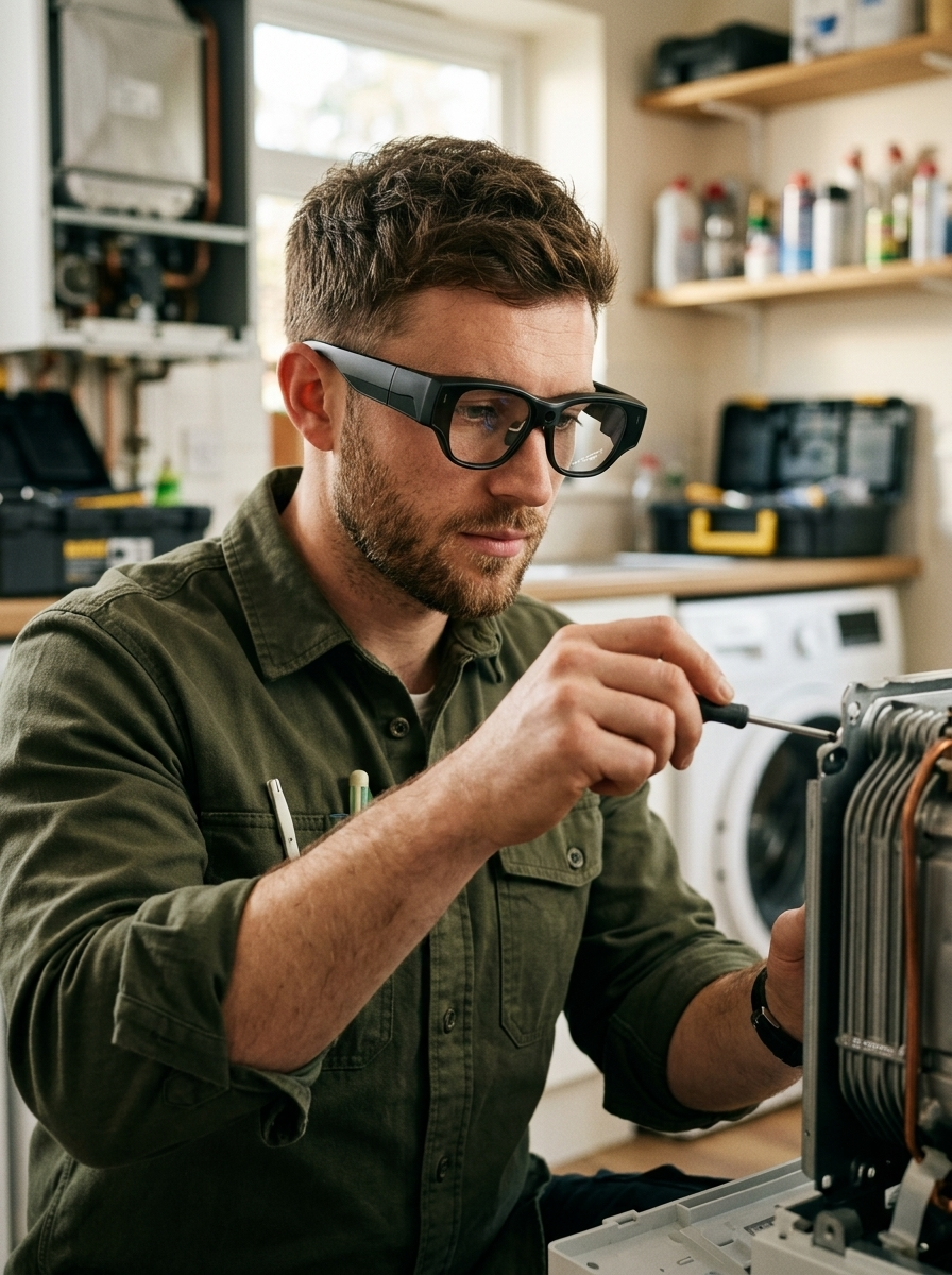 UK heating engineer wearing TrainAR INMO Air 3 AR glasses while working hands-free on a domestic boiler heat exchanger