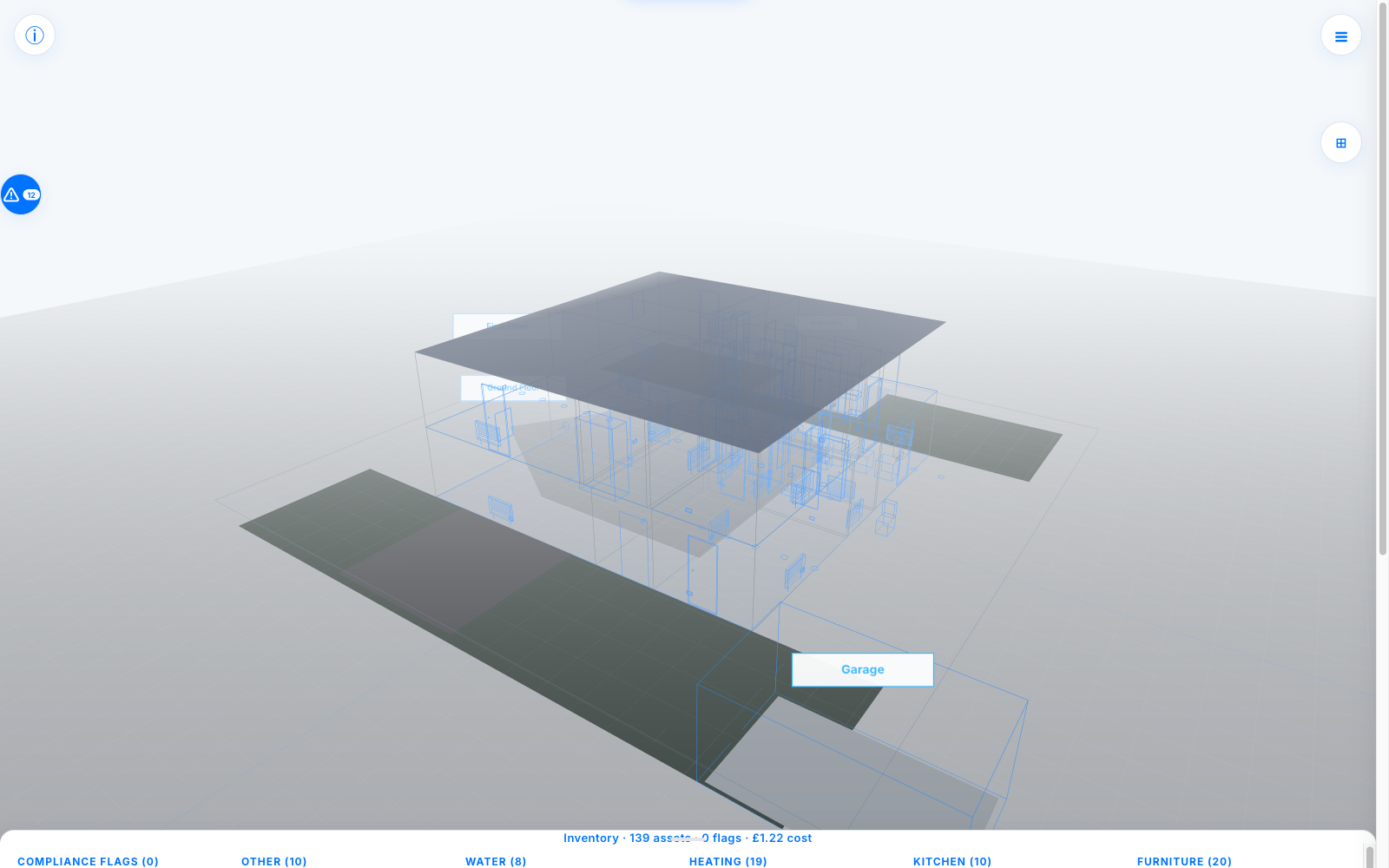 TrainAR Asset Intelligence twin viewer showing a forensic 3D digital twin of 22 Siskin Grove with inventory grouped by Compliance Flags, Other, Water, Heating, Kitchen and Furniture