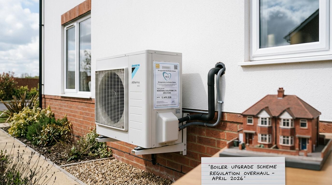 Air source heat pump installed against the brick exterior of a UK semi-detached house, refrigerant pipework neatly run, MCS install label visible