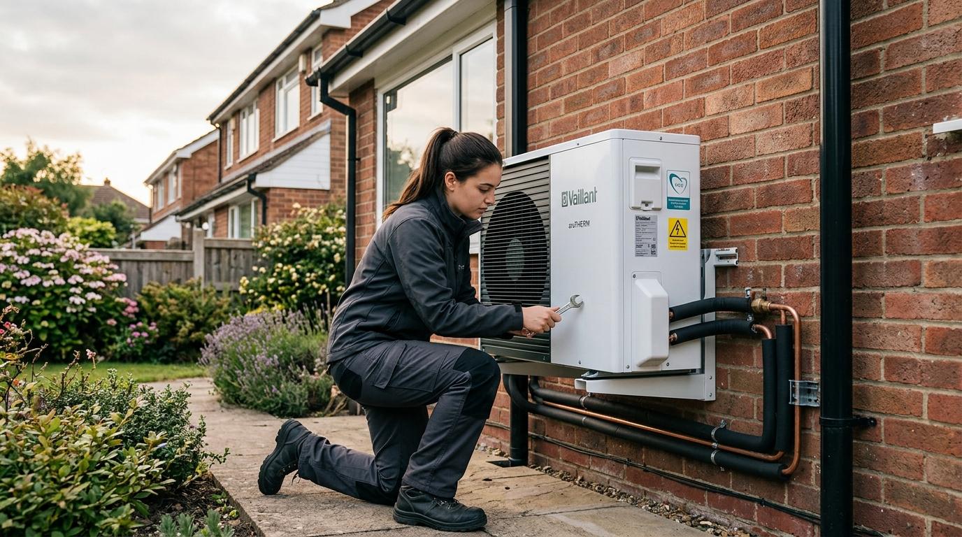 Female engineer wearing dark grey workwear checking the connections of a freshly installed UK domestic air source heat pump
