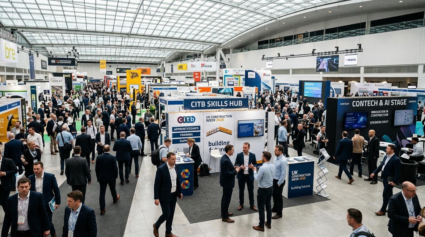 Excel London exhibition floor during UK Construction Week 2026, attendees in smart-casual UK trade attire walking the busy show floor