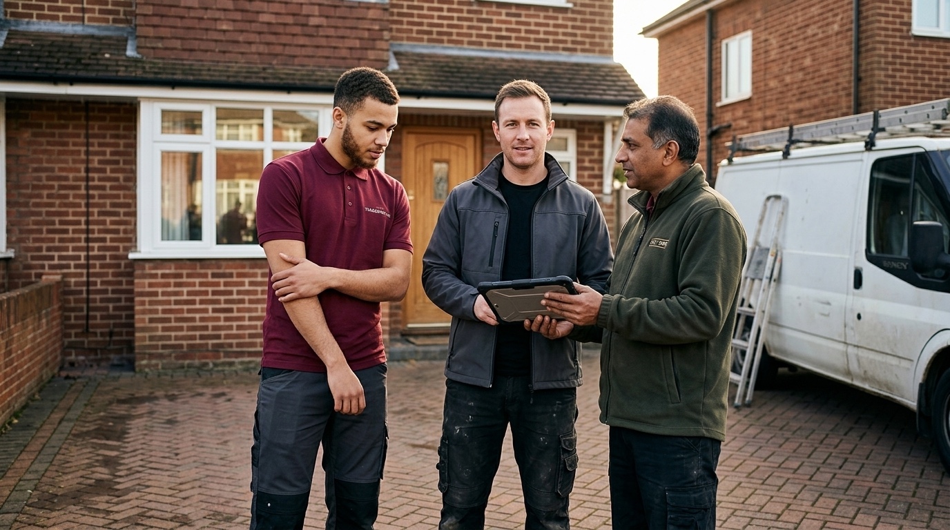 Three UK trades workers - apprentice, mid-career engineer and senior engineer - outside a UK suburban semi-detached house, no high-vis or hardhats