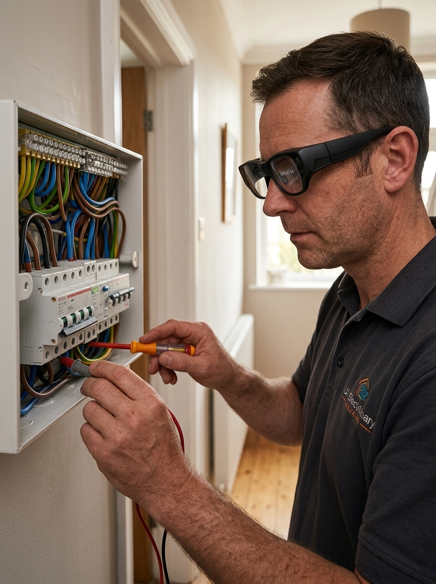 UK electrician using TrainAR INMO Air 3 AR glasses to work on a domestic consumer unit, with circuit details overlaid in the lens