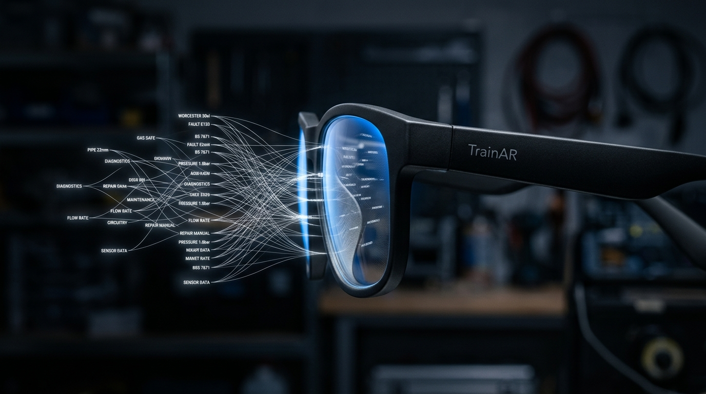 Close-up of TrainAR INMO Air 3 AR smart glasses with the TrainAR Intelligence Engine streaming knowledge nodes - fault codes, manufacturer specs, regulations and pipework data - into the lens in real time