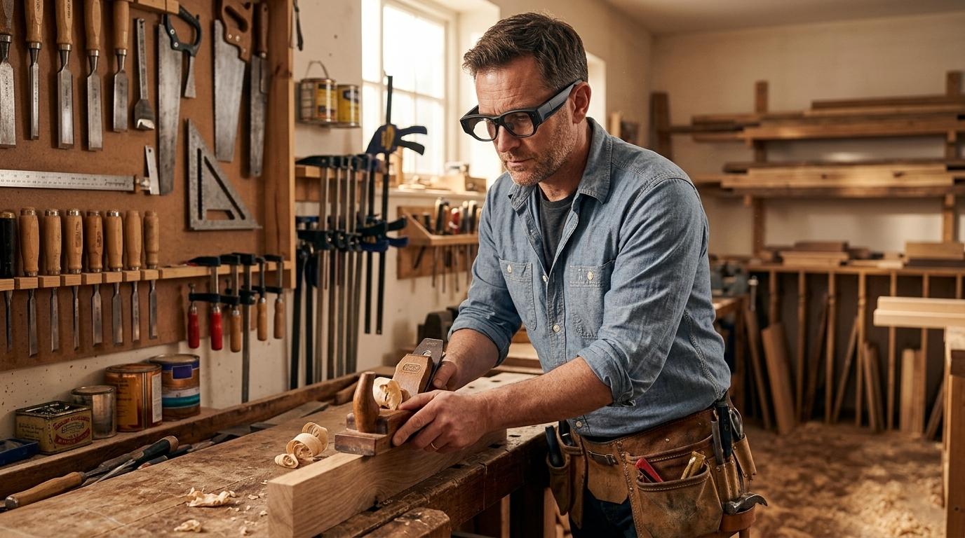 UK carpenter wearing TrainAR INMO Air 3 AR glasses planing oak on a workbench in a dedicated workshop