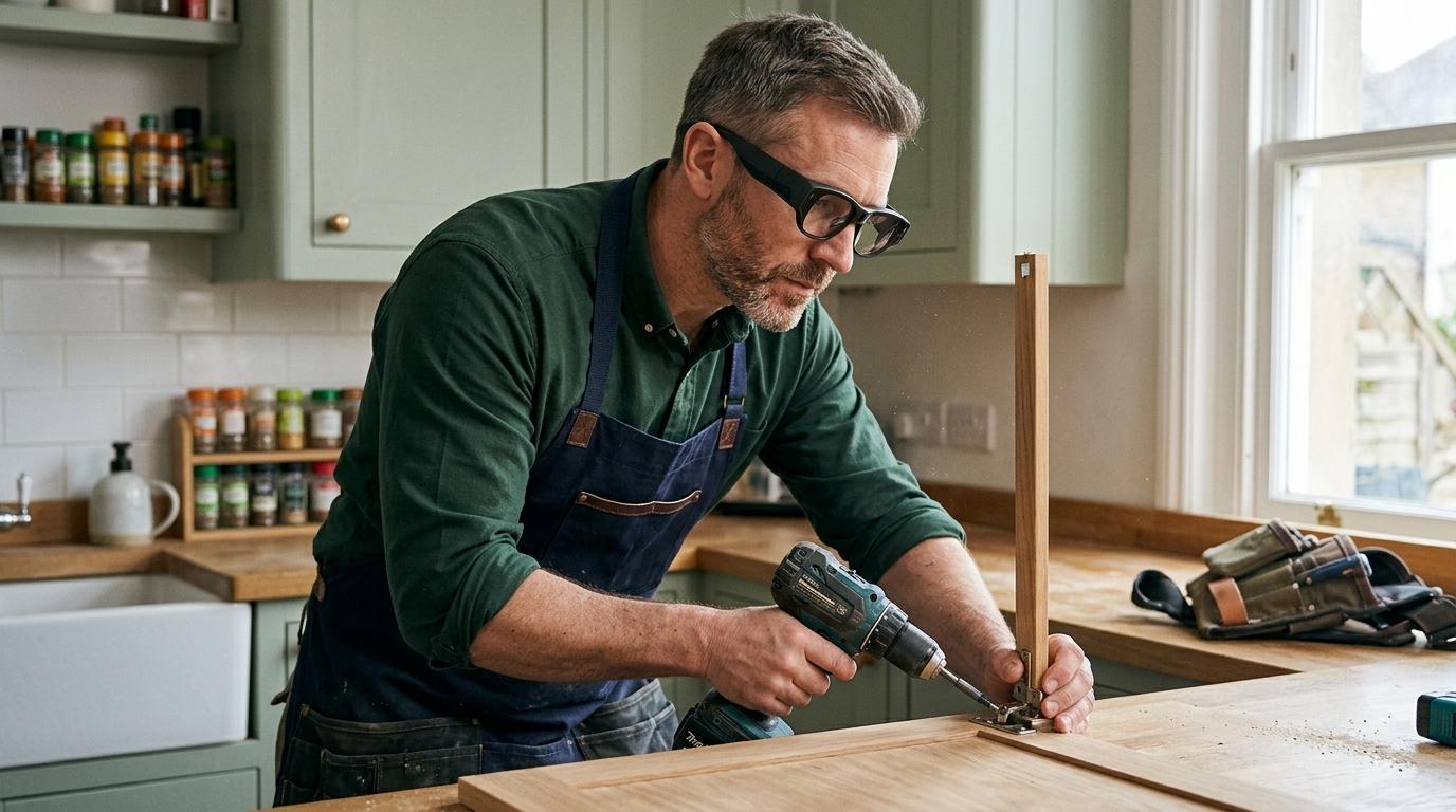UK carpenter wearing TrainAR INMO Air 3 AR glasses fitting a bespoke kitchen cabinet door in a domestic kitchen