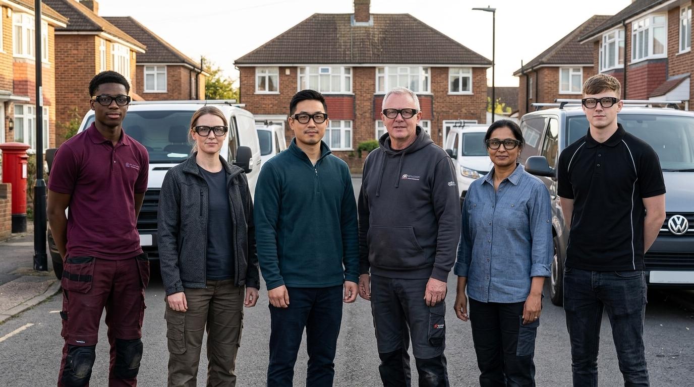 Six diverse UK trades workers including women and mixed ethnicities standing on a UK suburban street, representing the modern UK trades workforce TrainAR is built for
