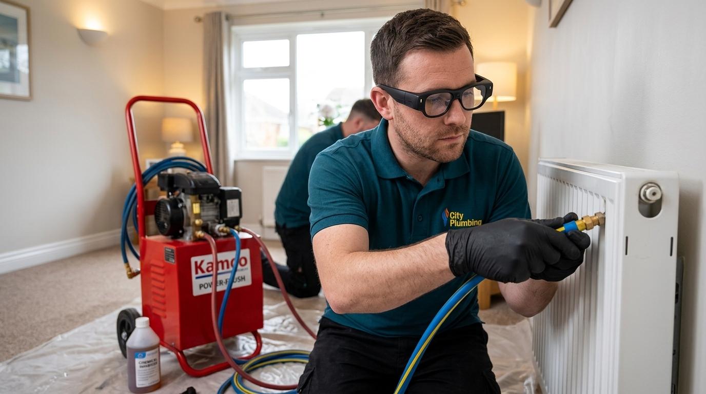 UK heating engineer wearing TrainAR INMO Air 3 AR glasses performing a power flush on a domestic central heating system
