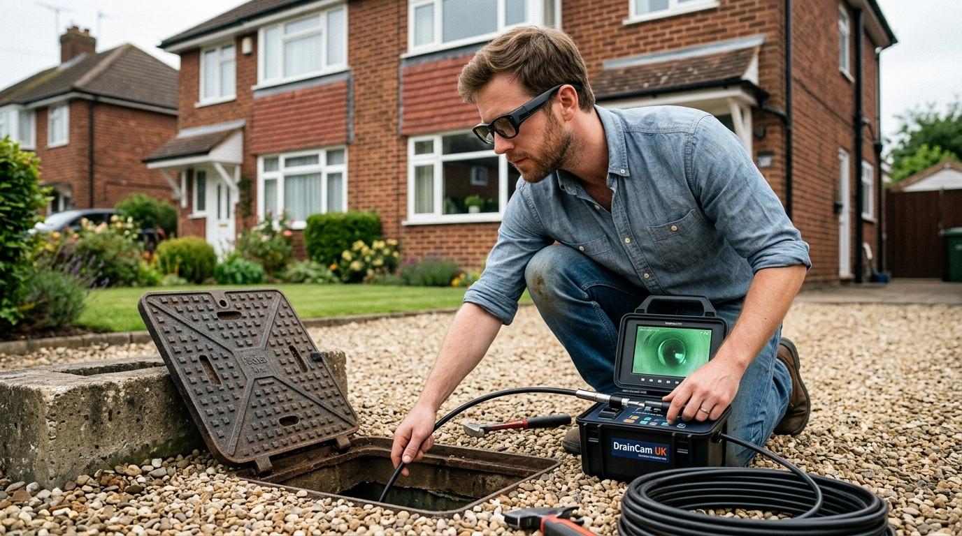 UK drainage engineer wearing TrainAR INMO Air 3 AR glasses using a CCTV drain camera kit on a residential drain manhole