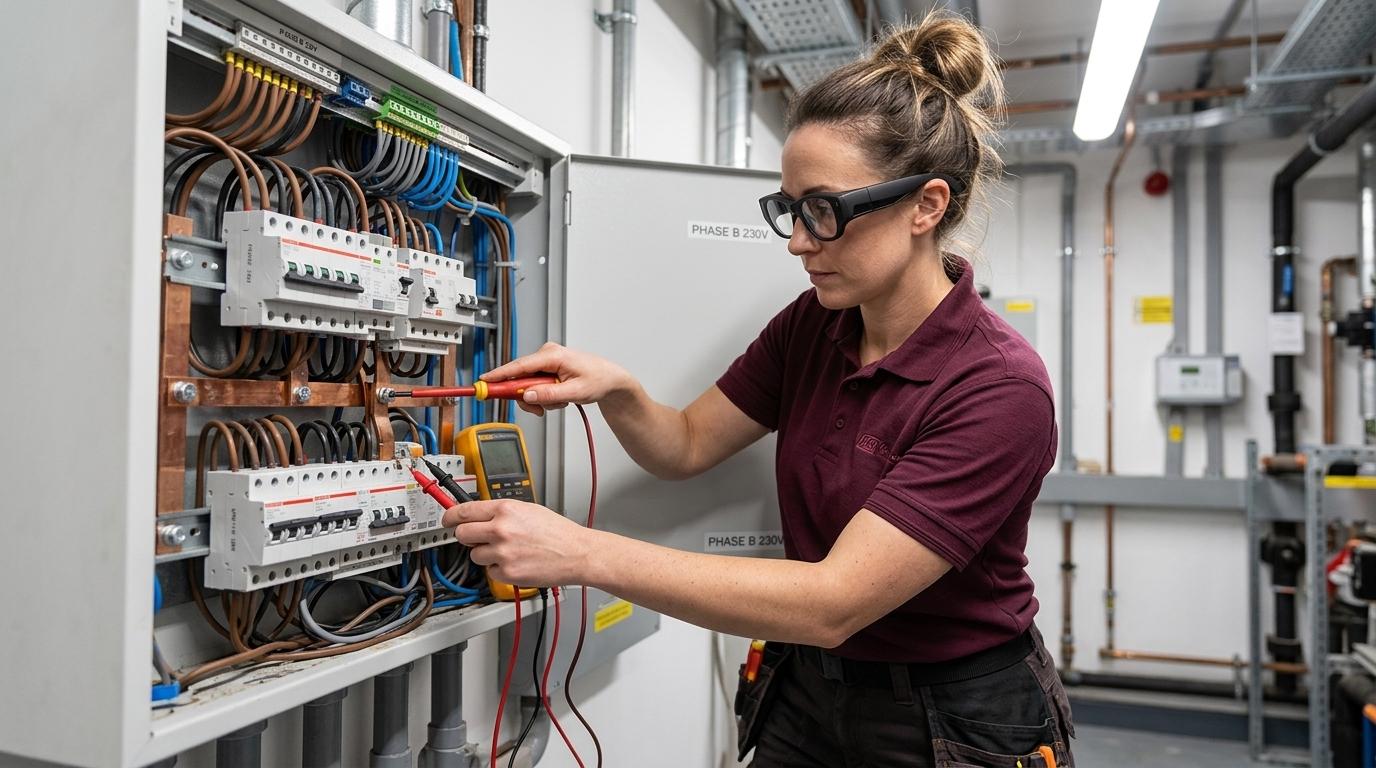 UK electrician wearing TrainAR INMO Air 3 AR glasses connecting a new circuit at a domestic consumer unit