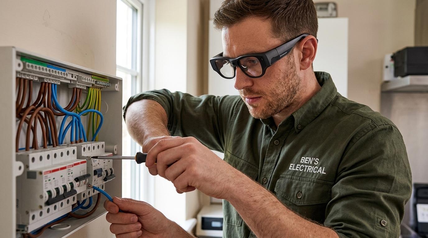 UK female electrician wearing TrainAR INMO Air 3 AR glasses at a commercial three-phase distribution board with multimeter and torque screwdriver
