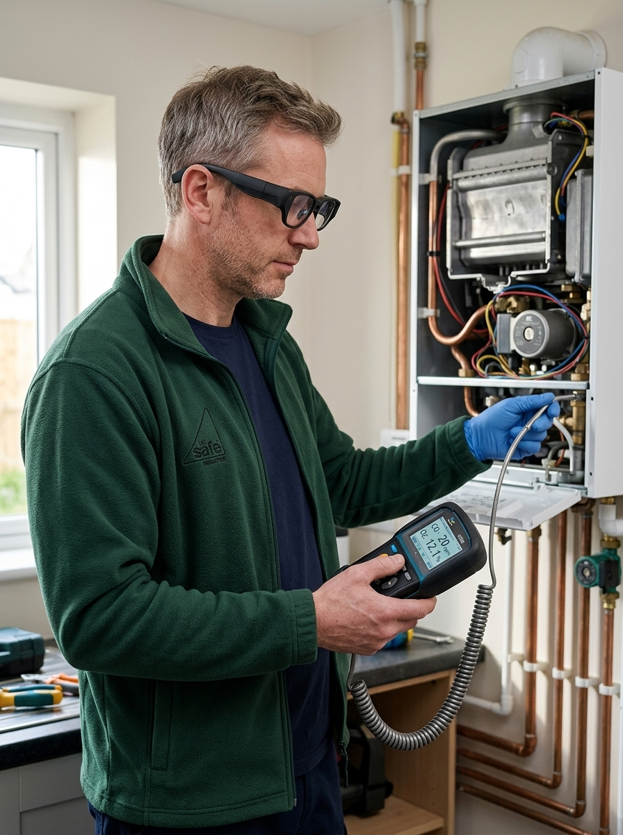 UK Gas Safe registered engineer wearing TrainAR INMO Air 3 AR glasses using a flue gas analyser on a domestic combi boiler