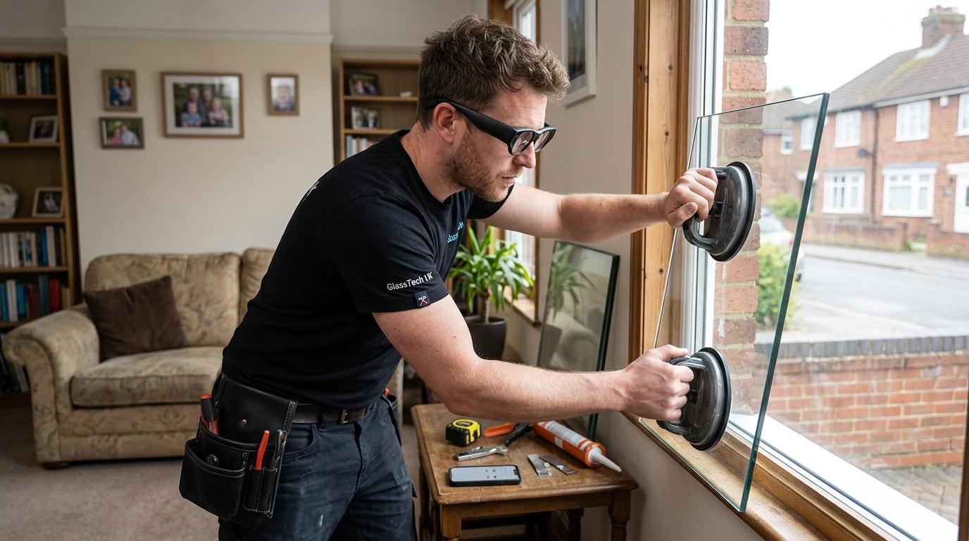 UK glazier wearing TrainAR INMO Air 3 AR glasses installing a double-glazed window unit into a domestic window frame