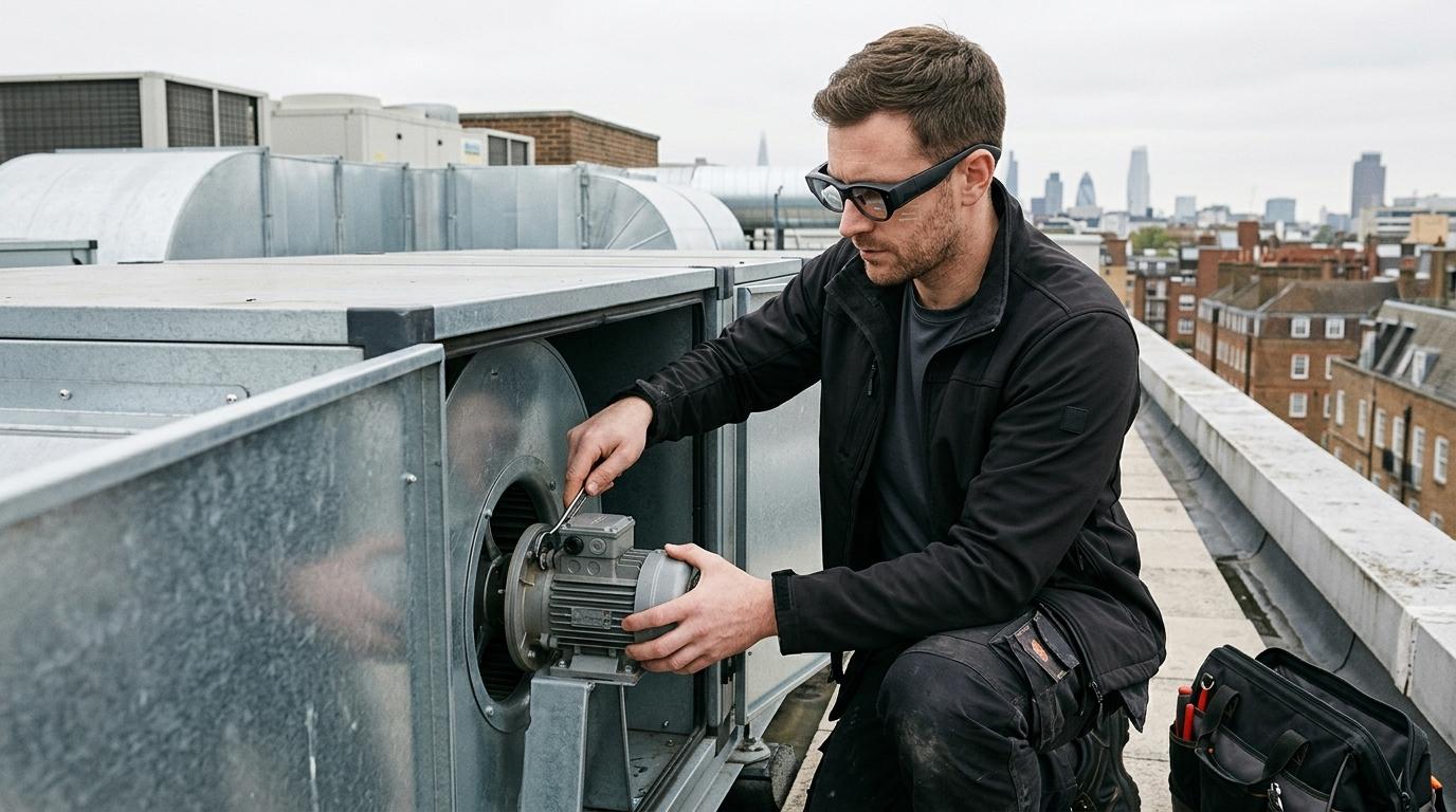 UK HVAC engineer wearing TrainAR INMO Air 3 AR glasses servicing a rooftop air handling unit on a UK commercial building
