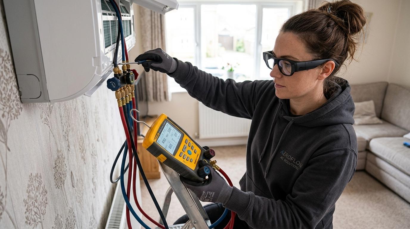 UK female air conditioning engineer wearing TrainAR INMO Air 3 AR glasses commissioning a wall-mounted split AC unit in a domestic living room