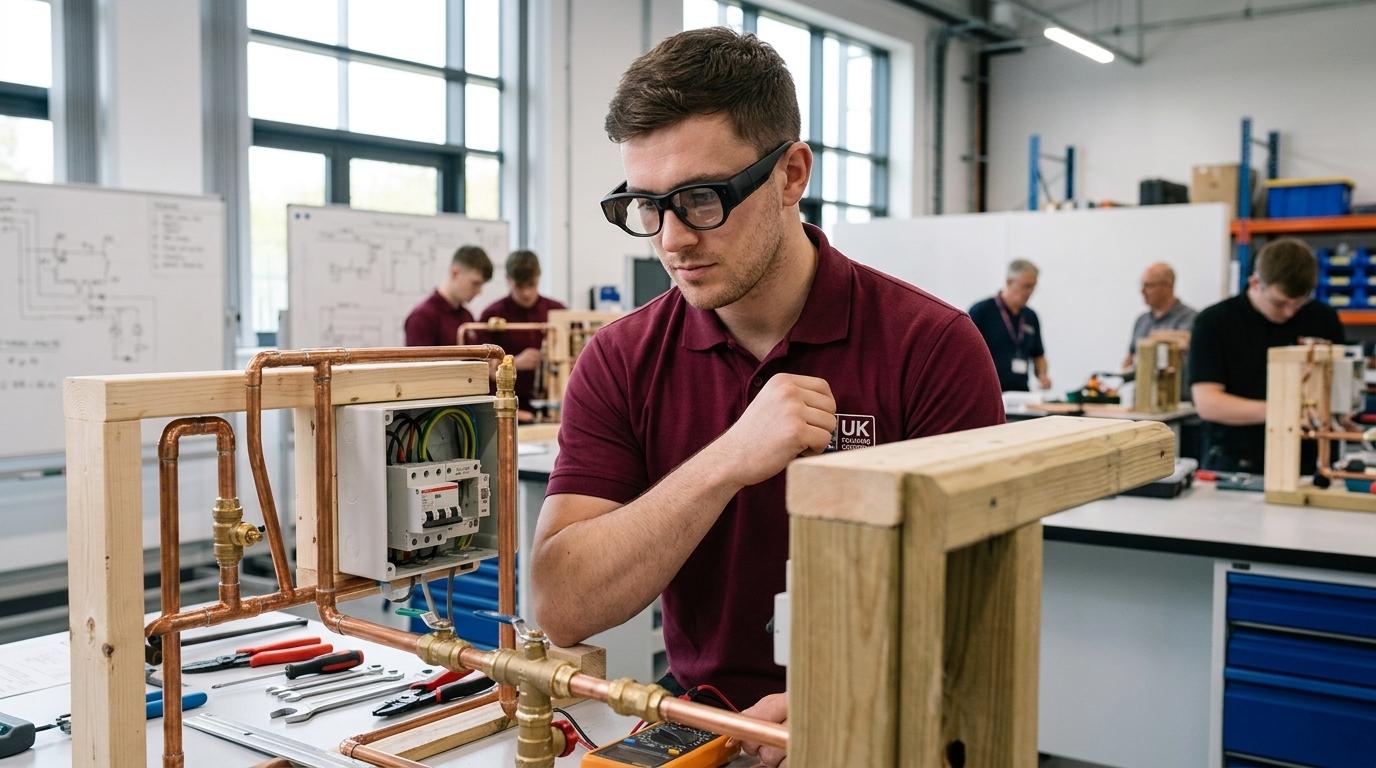 UK multi-skilled engineer wearing TrainAR INMO Air 3 AR glasses in a training centre with pipework, electrical board and timber framing