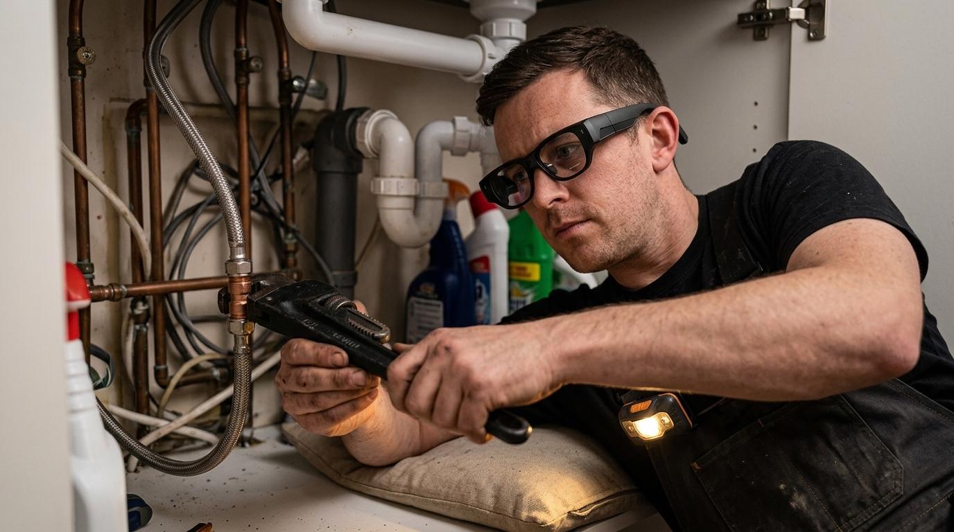 UK plumber wearing TrainAR INMO Air 3 AR glasses working on residential under-sink copper pipework hands-free
