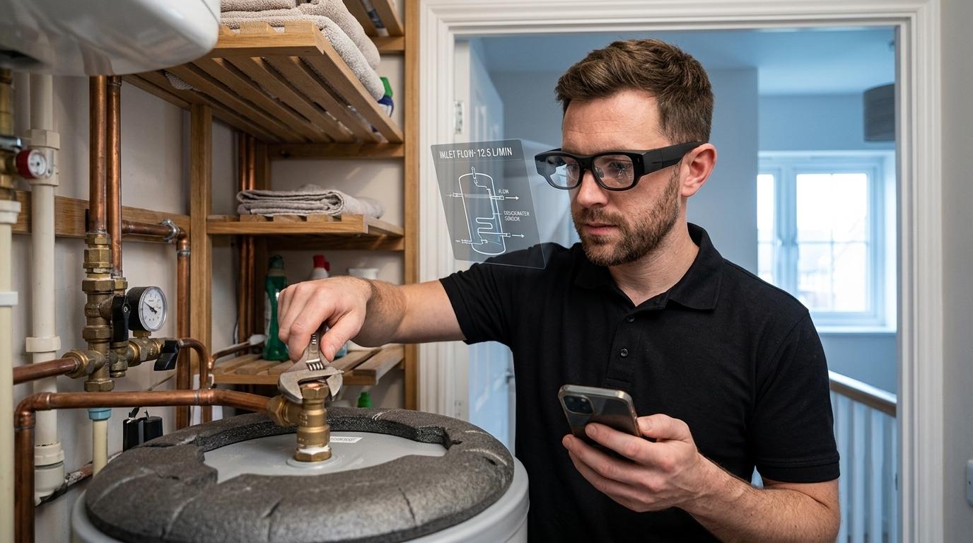 UK plumber wearing TrainAR INMO Air 3 AR glasses servicing a domestic water cylinder in an airing cupboard