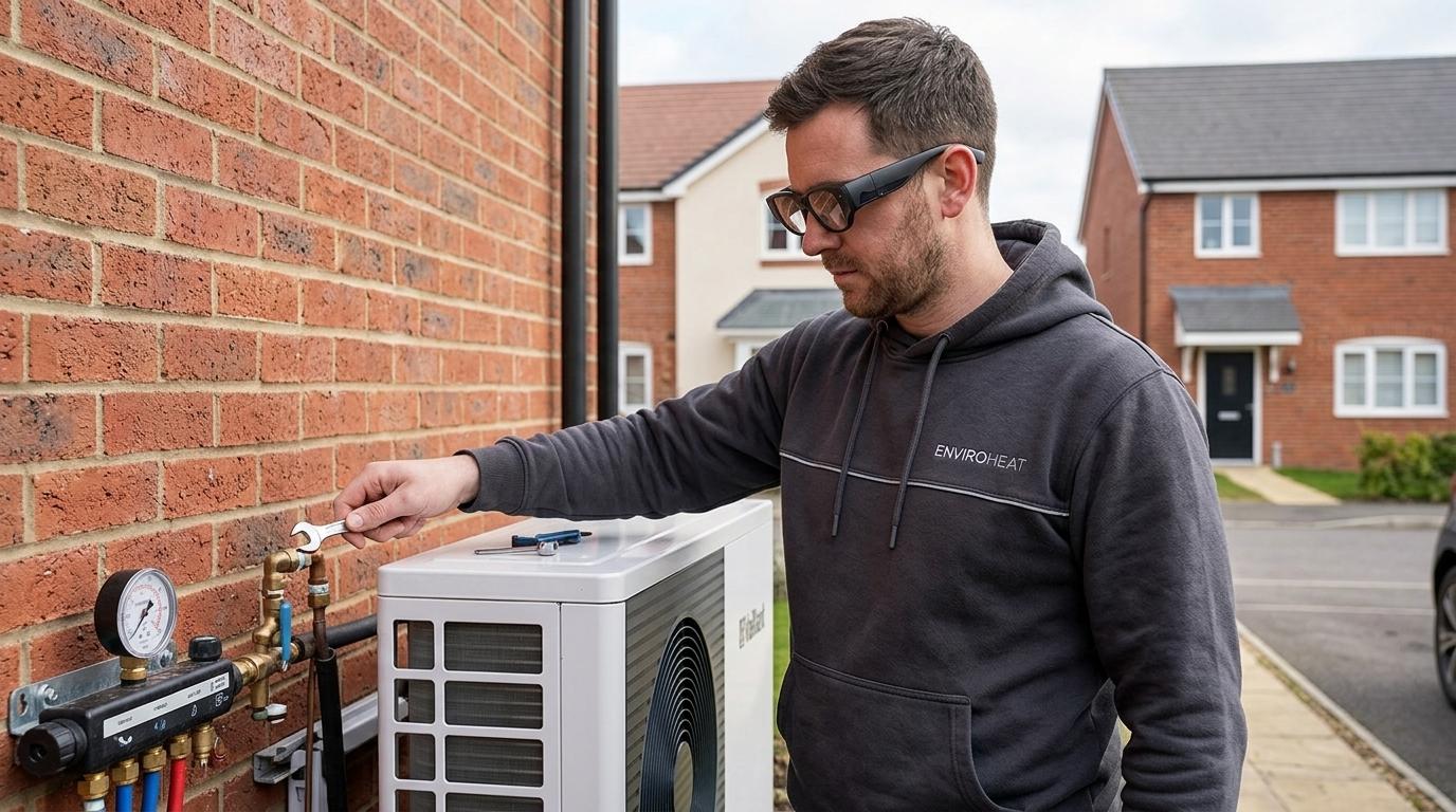UK renewables engineer wearing TrainAR INMO Air 3 AR glasses installing an air source heat pump on a domestic property