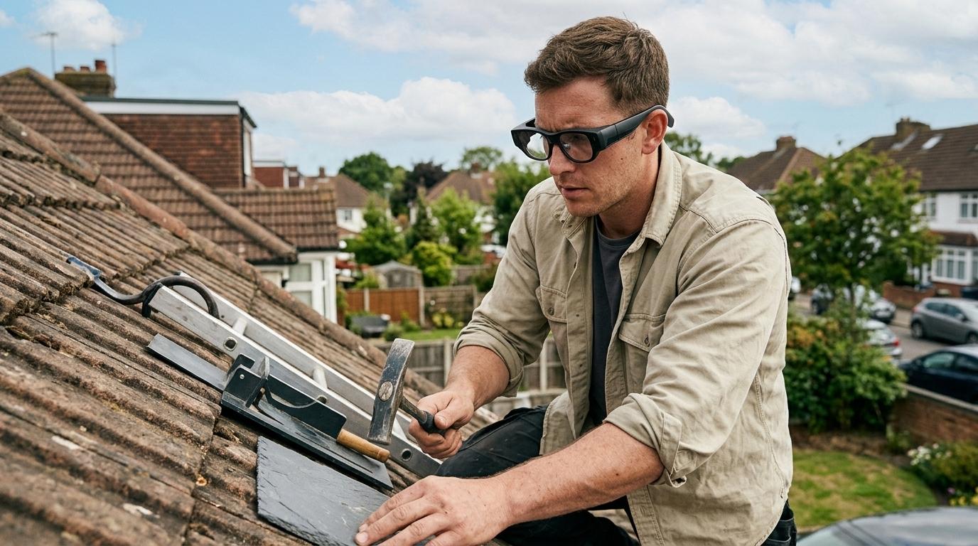 UK roofer wearing TrainAR INMO Air 3 AR glasses fitting a slate or ridge tile on a sloped tiled suburban roof