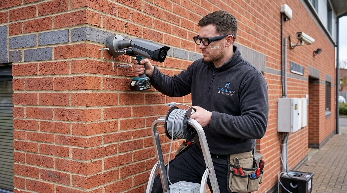 UK security and access-control installer wearing TrainAR INMO Air 3 AR glasses mounting a CCTV camera on a UK commercial building